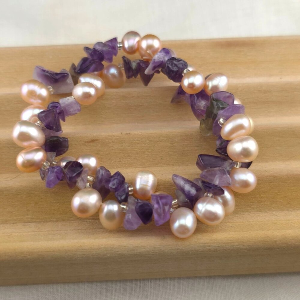 Amethyst & Freshwater Pearl Stretch Bracelet - Purple & Pink Beaded - Picture 4 of 7